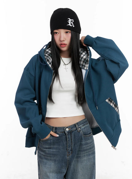 Checkered detail Zip-Up Hoodie CN528