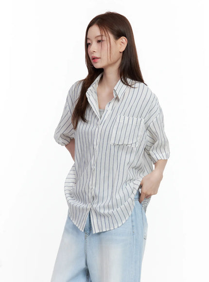 casual-striped-short-sleeve-button-up-shirt / Dark blue