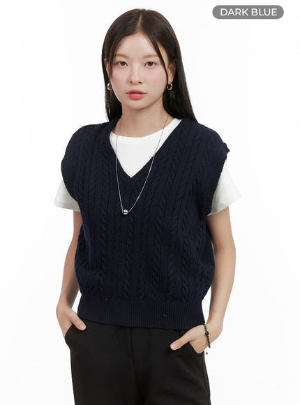 cable-knit-sleeveless-v-neck-vest-og416 / Dark blue