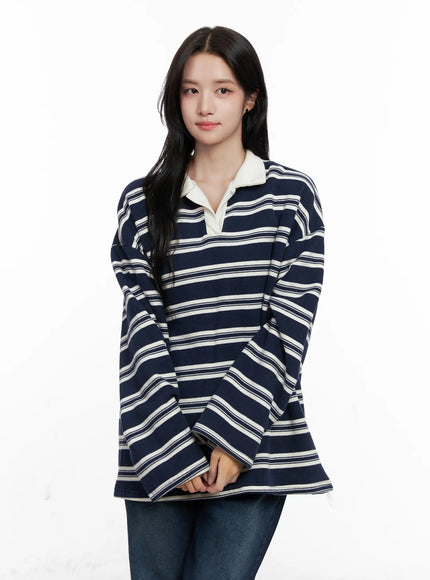 striped-collared-long-sleeve-top-co524 / Dark blue