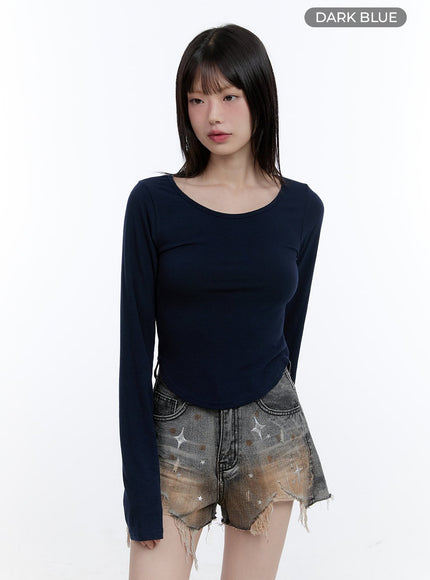 boat-neck-solid-long-sleeve-crop-top-cg413 / Dark blue