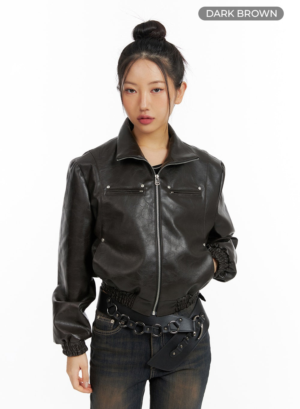 faux-leather-patchy-jacket-cf416 / Dark brown