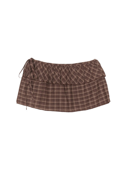 checkered-ruffle-layering-mini-skirt-cf519 / Dark brown