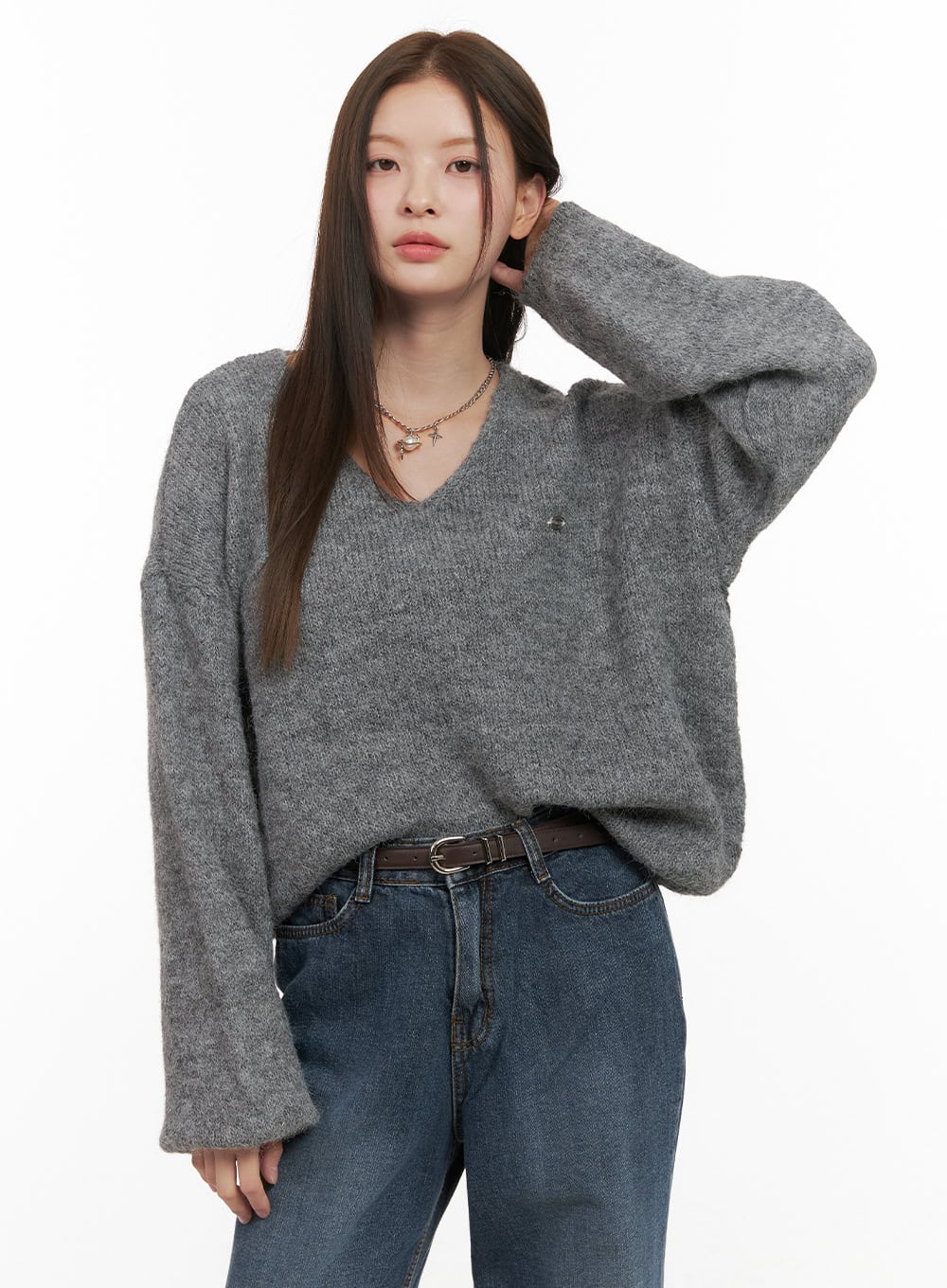 warm-v-neck-sweater-od412 / Dark gray