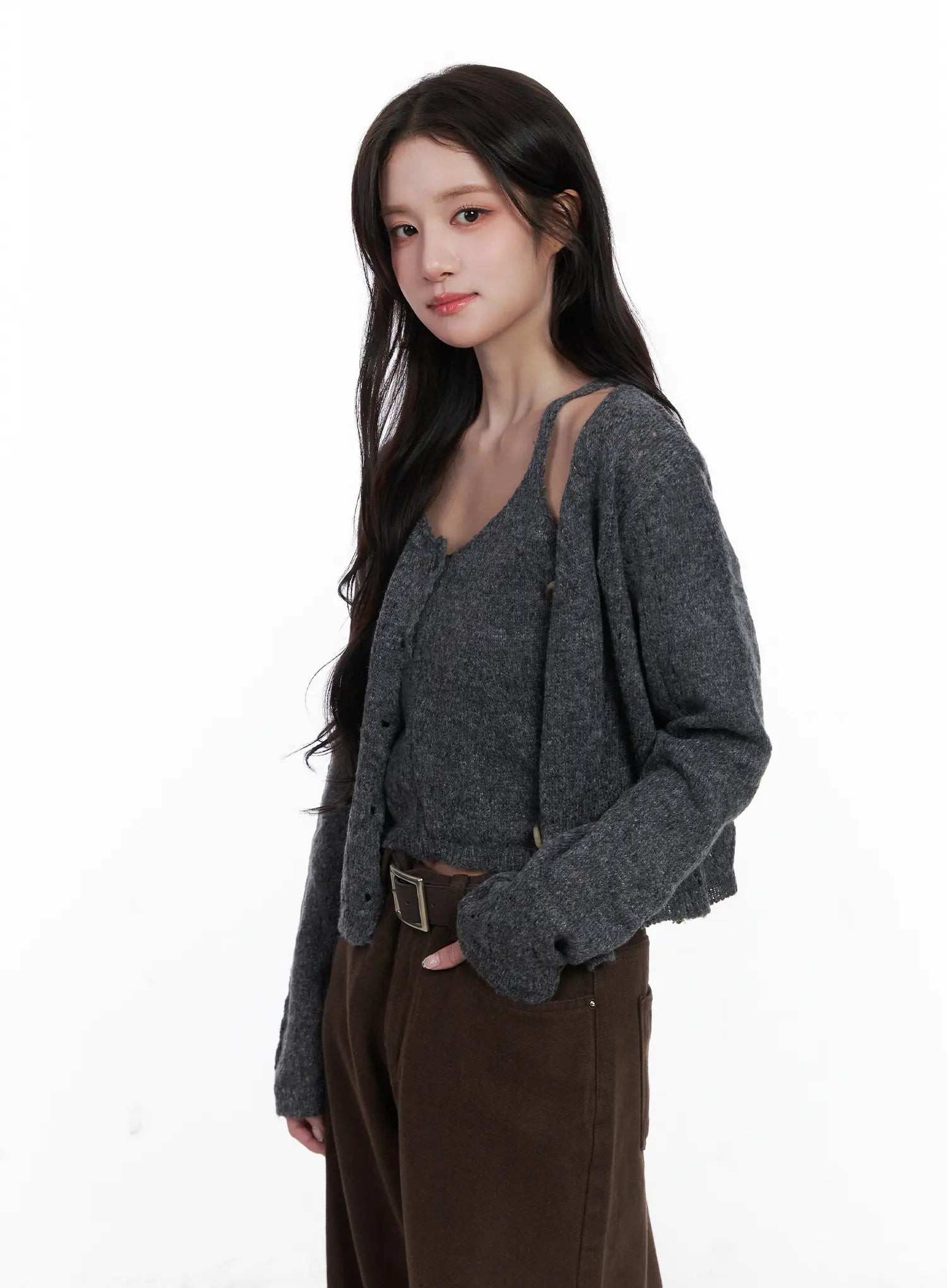 fuzzy-knit-tank-cardigan-set-cn526 / Dark gray