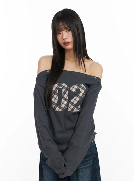 asymmetric-checkered-fleece-long-sleeve-top-cd522 / Dark gray