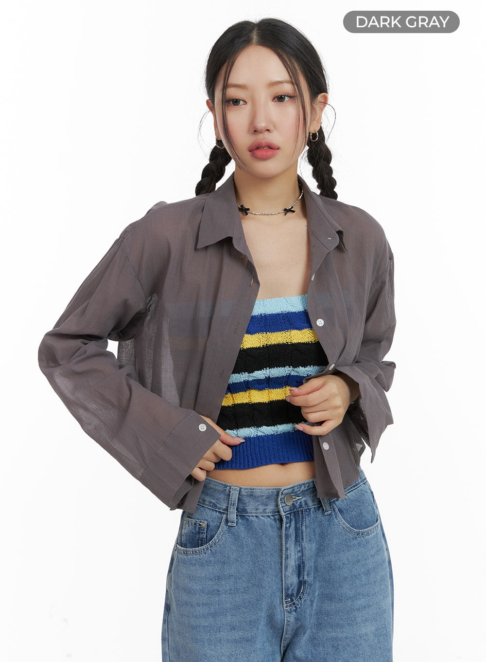 front-tie-crop-blouse-om428 / Dark gray