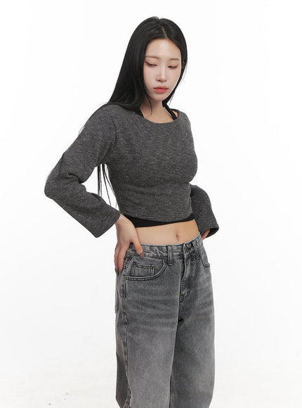 off-shoulder-long-sleeve-crop-top-cj517 / Dark gray