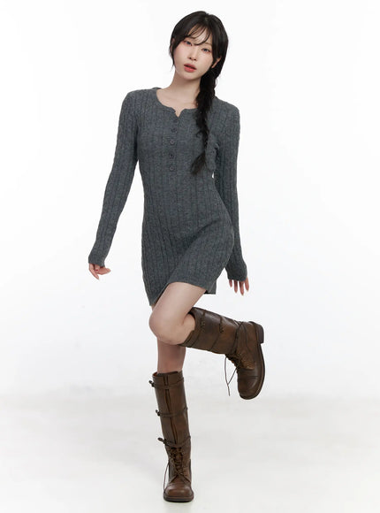 cable-knit-button-sweater-mini-dress-cj526 / Dark gray