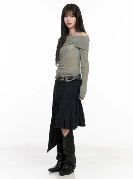 asymmetric-flare-midi-skirt-cf519 / Dark gray