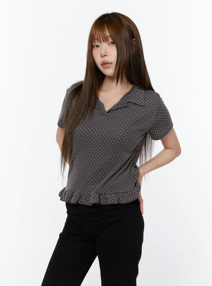 polka-dot-collar-frill-blouse-cy518 / Dark gray