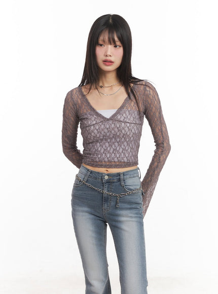sheer-lace-long-sleeve-crop-top-ca522 / Dark gray