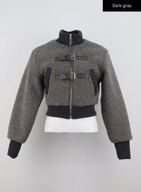 faux-shearling-buckle-crop-jacket-cd301 / Dark gray