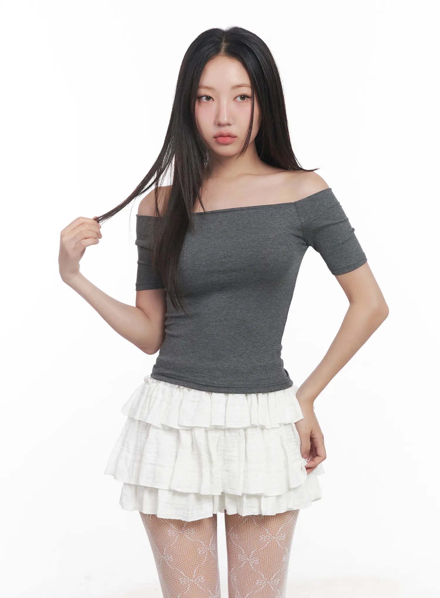 off-shoulder-ribbed-tee-cu516 / Dark gray