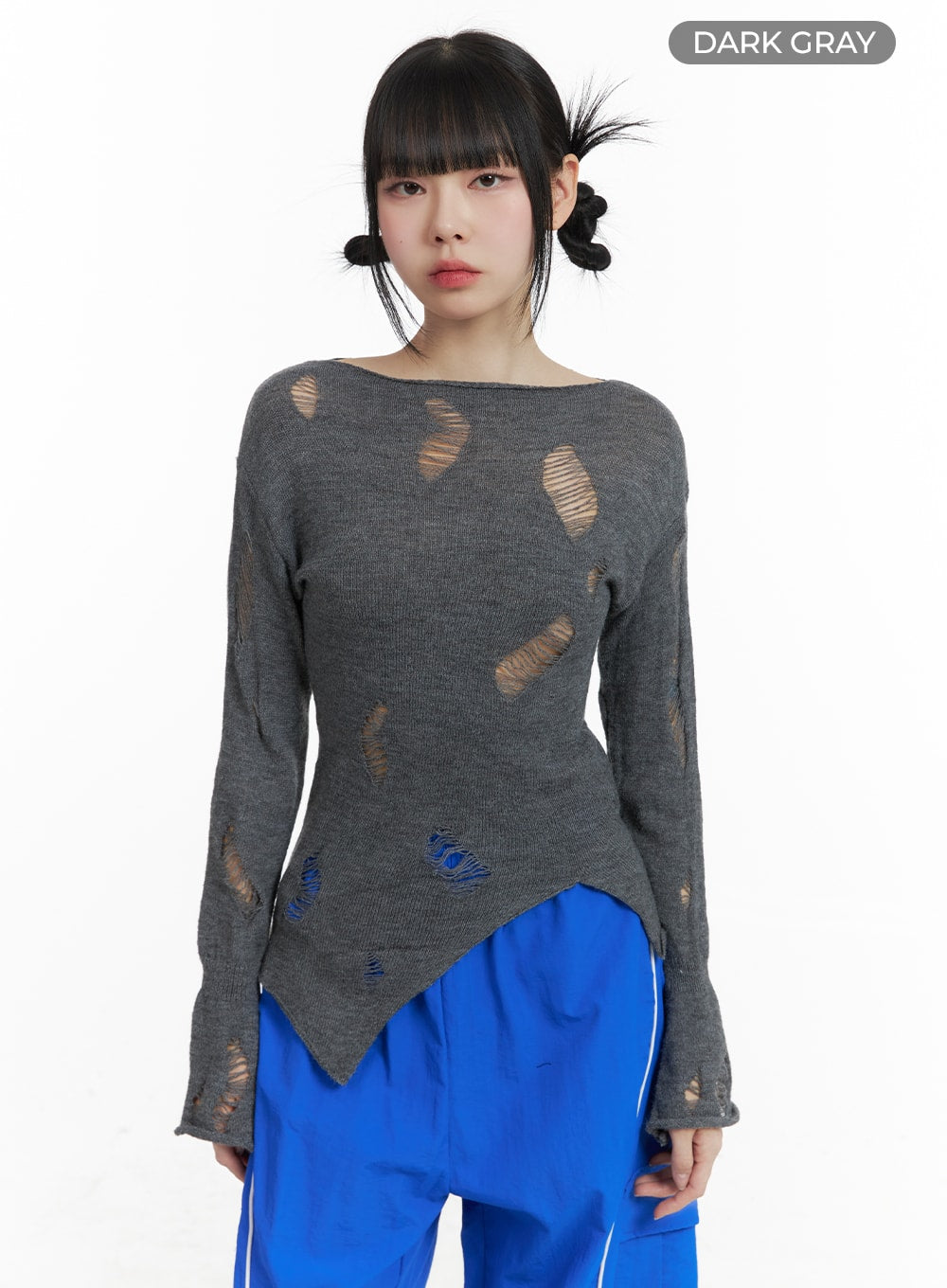 destroyed-unbalanced-edge-knit-top-om426 / Dark gray