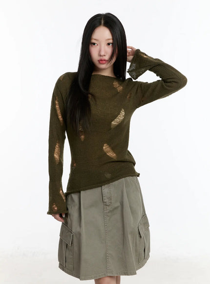 distressed-knit-long-sleeve-top-cm511 / Dark green