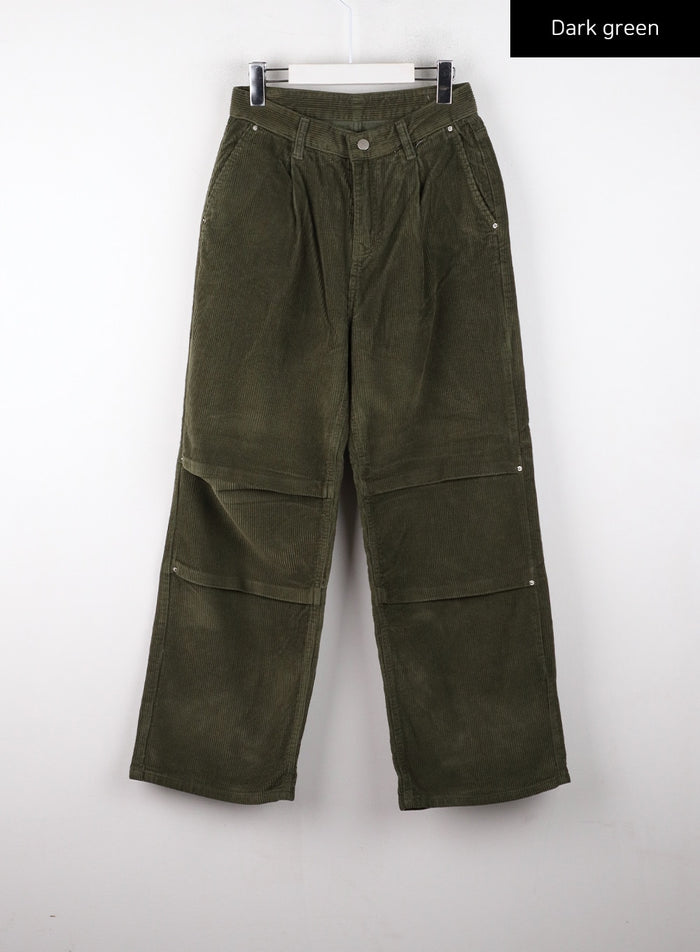 corduroy-middle-waist-pocket-straight-leg-trousers-cd322 / Dark green
