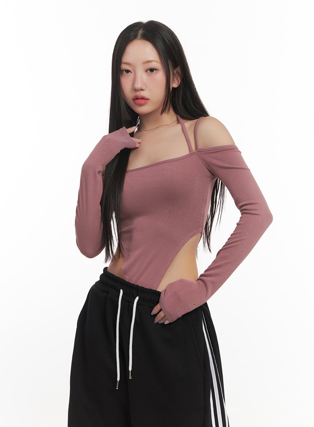 halter-string-cut-out-bodysuit-top-cf525 / Dark pink