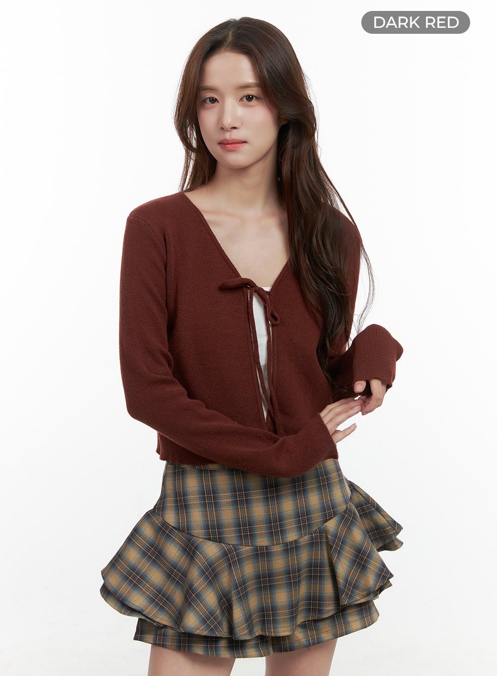 strap-long-sleeve-crop-cardigan-oo421 / Dark red