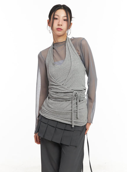 halter-neck-wrap-tank-top-cm503 / Gray