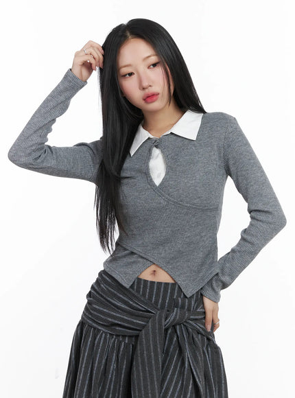 Button Wrap Collar Ribbed Long Sleeve Top CD529