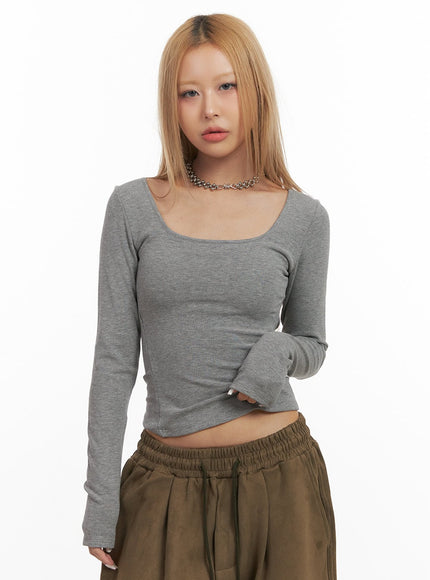 slim-fit-square-neck-cotton-long-sleeve-top-cj507 / Gray