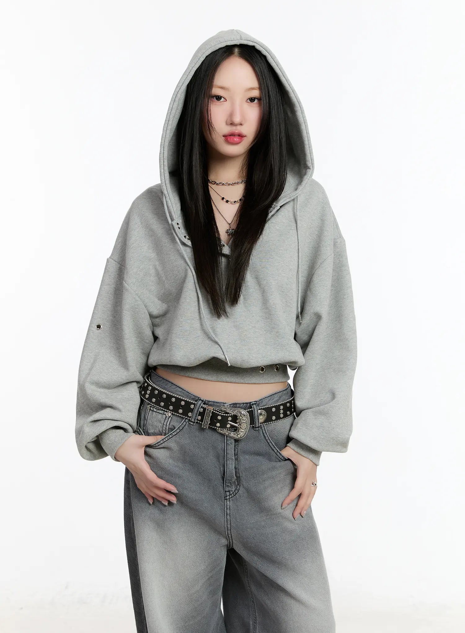 eyelet-crop-hoodie-cm511 / Gray