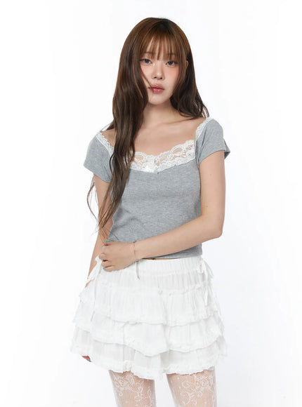 off-shoulder-lace-detail-crop-tee-cy529 / Gray