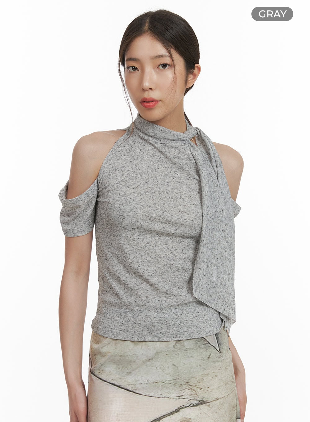 tie-neck-cut-out-shoulder-blouse-cy416 / Gray