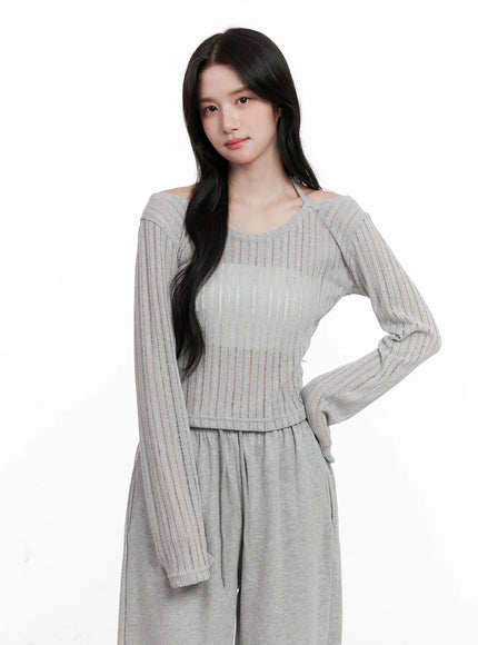 sheer-linen-long-sleeve-top-cl515 / Gray