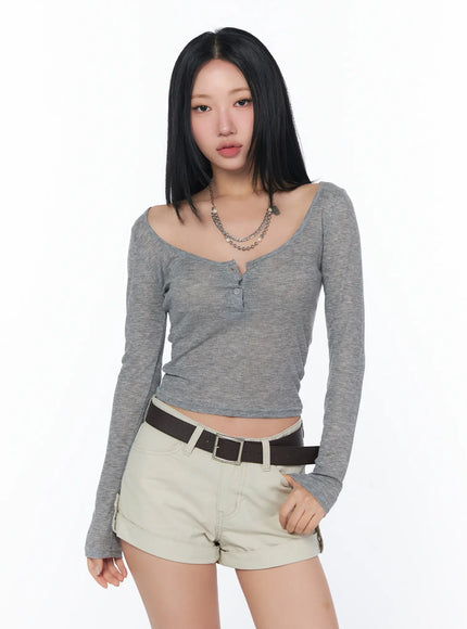 ribbed-sheer-button-long-sleeve-tee-cy512 / Gray