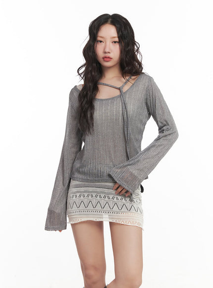 string-mesh-off-shoulder-sweater-ca521 / Gray