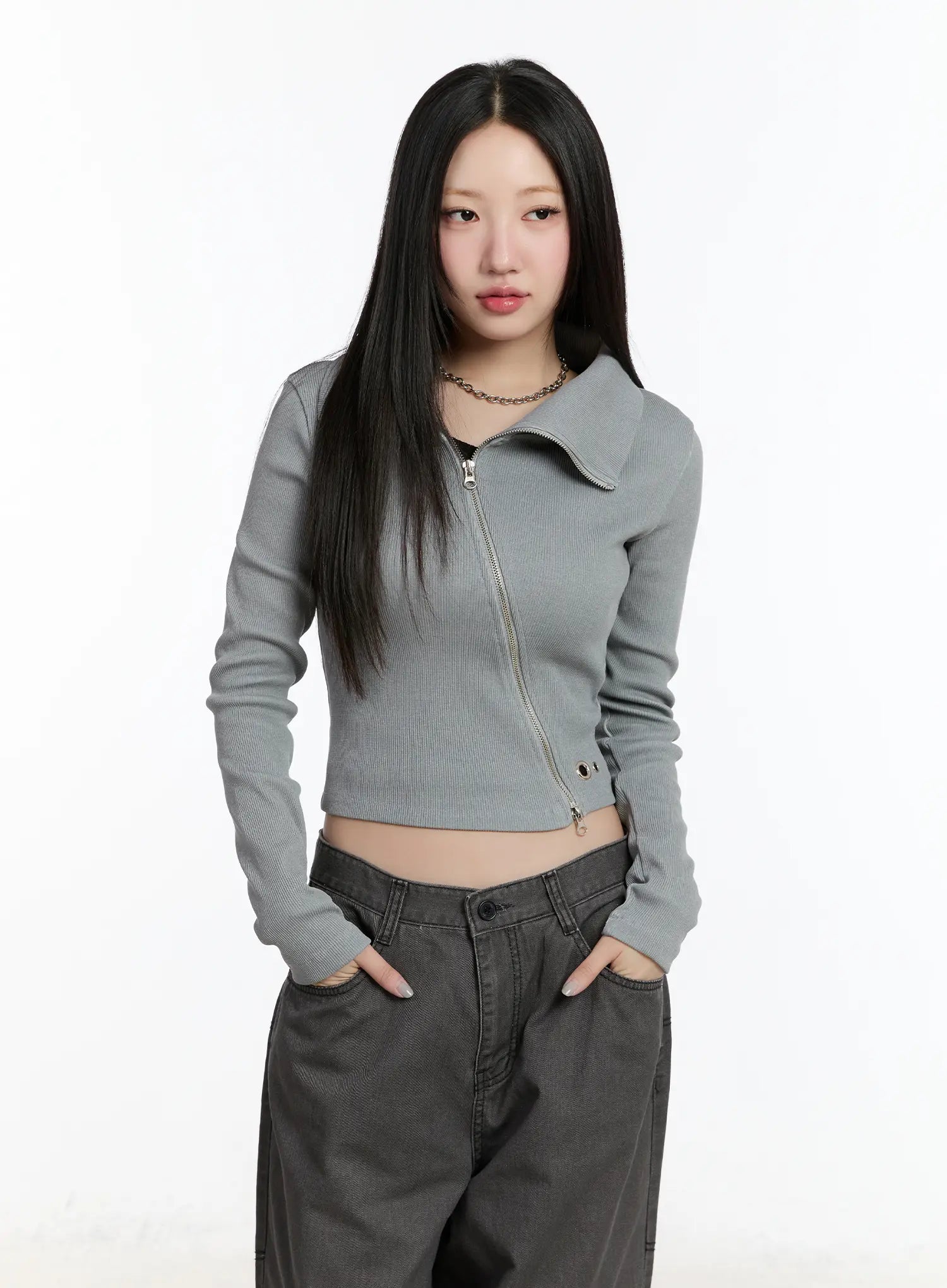 asymmetric-zip-crop-jacket-cm511 / Gray