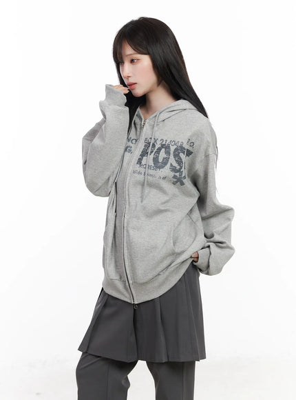 oversized-graphic-zip-up-hoodie-cf523 / Gray