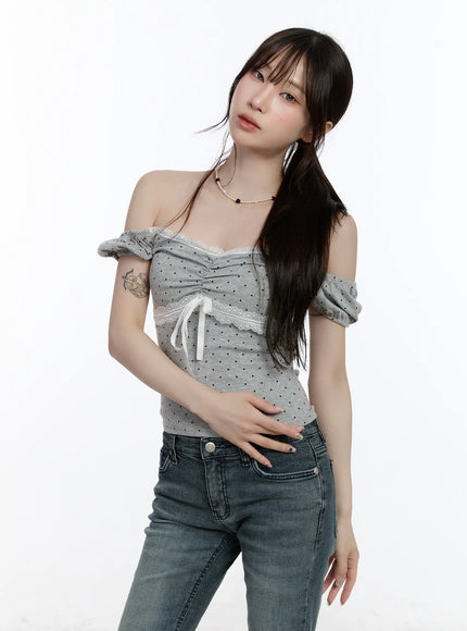 sweetheart-polka-dot-puff-sleeve-top-ca501 / Gray