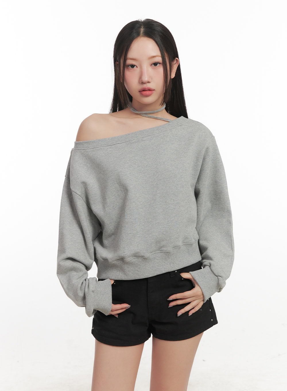 string-one-shoulder-crop-sweatshirt-cf526 / Gray