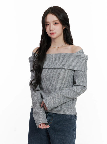 ribbed-off-shoulder-long-sleeve-top-cn527 / Gray