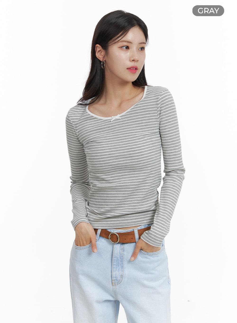 ribbon-stripe-long-sleeve-top-oa423 / Gray