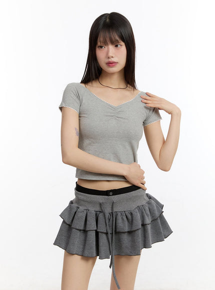 lace-v-neck-crop-top-ca508 / Gray