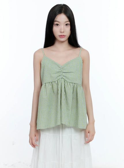 gingham-shirred-strap-blouse-cl530 / Green