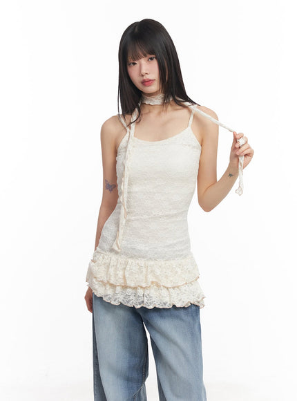 frilly-lace-mini-dress-with-scarf-set-cy512 / Light beige