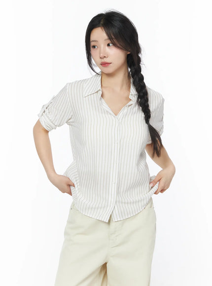 roll-up-sleeve-stripe-blouse-cy522 / Light beige