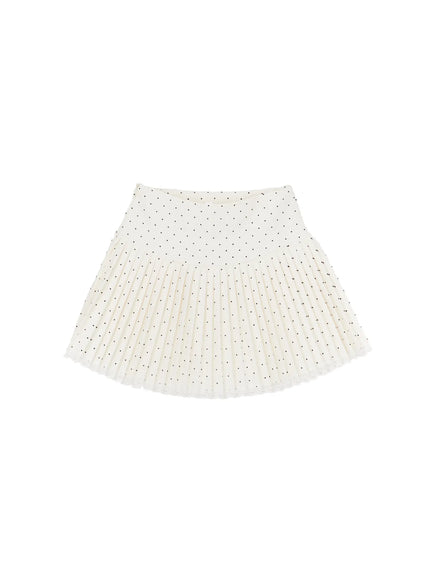 lace-trim-polka-dot-pleated-mini-skirt-cm525 / Light beige