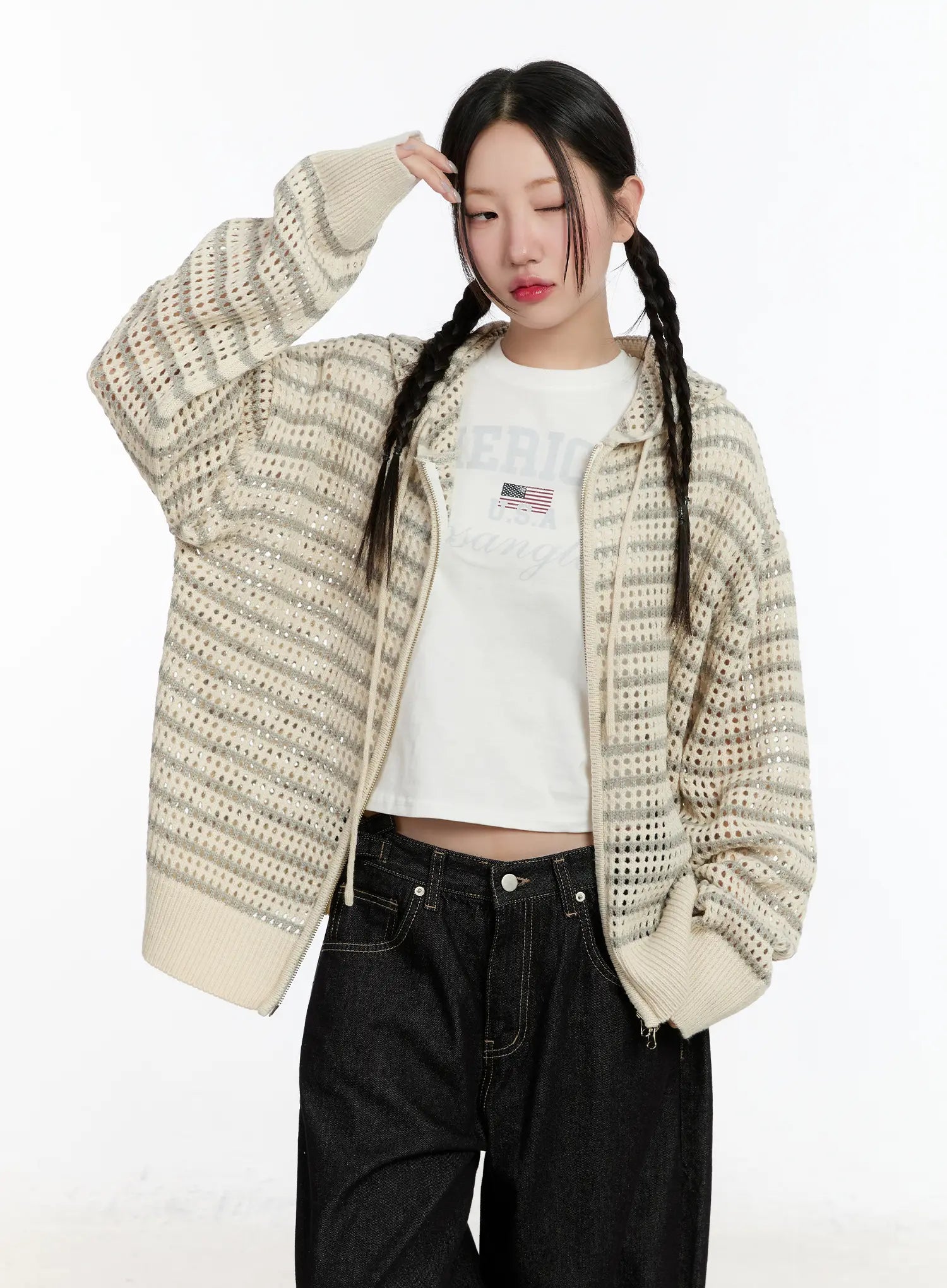 Striped Knit Hooded Cardigan CM511