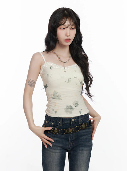 floral-lace-sleeveless-top-cj526 / Light beige