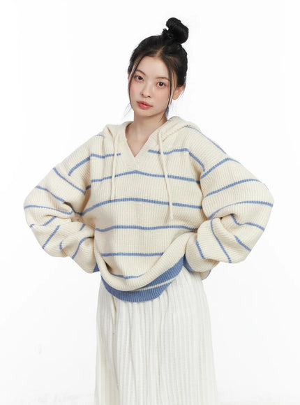 oversized-striped-knit-hoodie-cj520 / Light beige