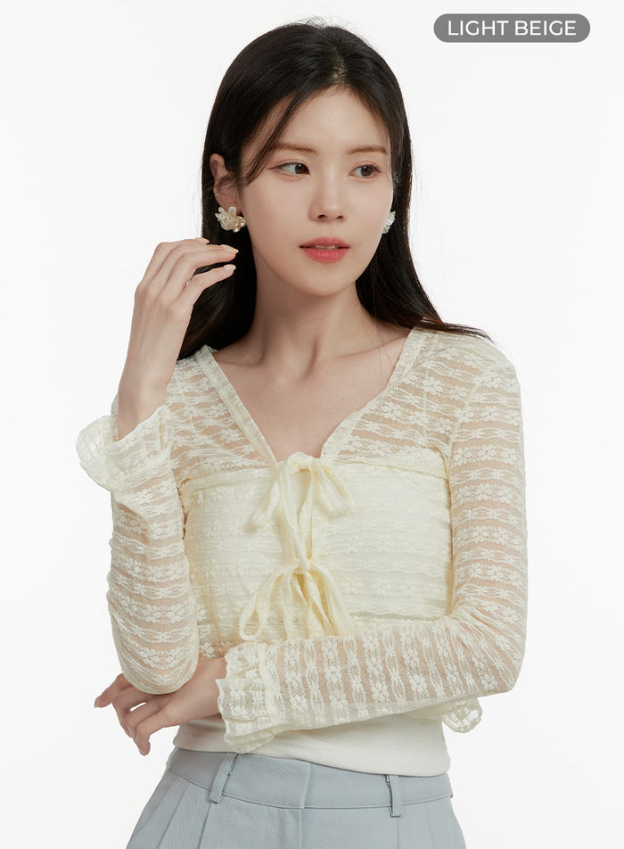 floral-hollow-out-bowknot-cardigan-oa405 / Light beige