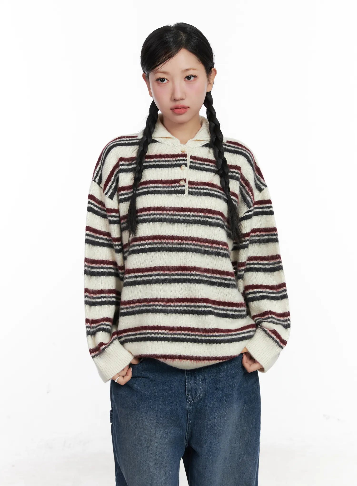 striped-knit-collar-sweater-cd501 / Light beige