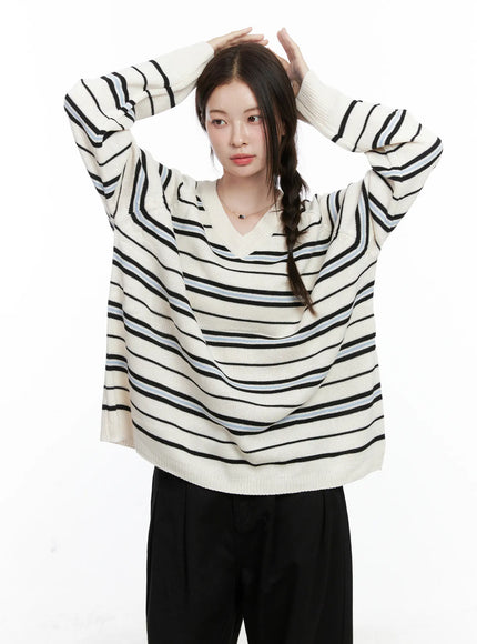 oversized-v-neck-striped-knit-sweater-co503 / Light beige