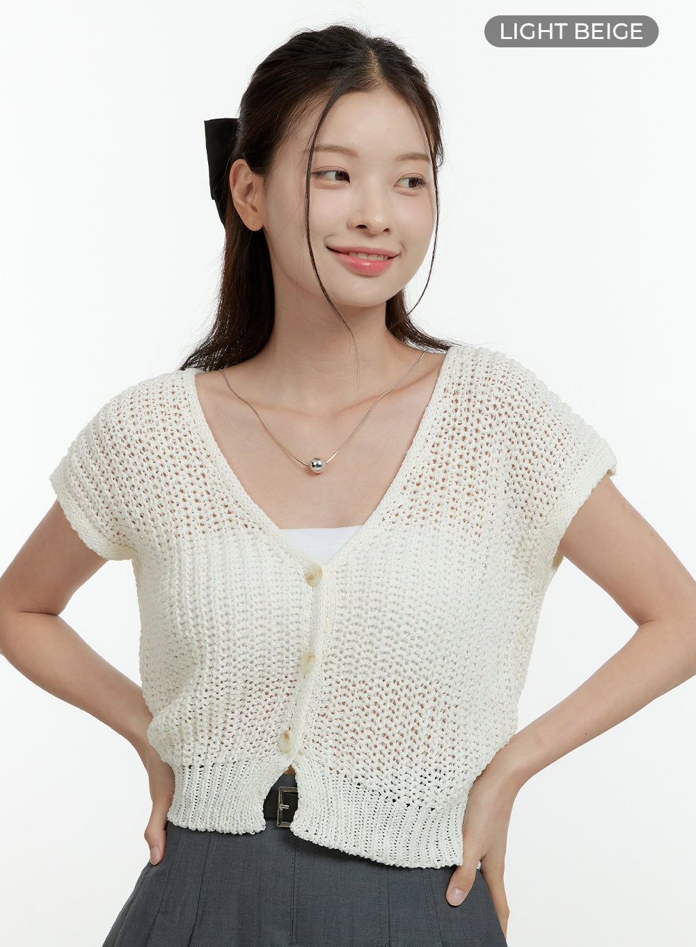 knitted-v-neck-short-sleeve-cardigan-ol430 / Light beige